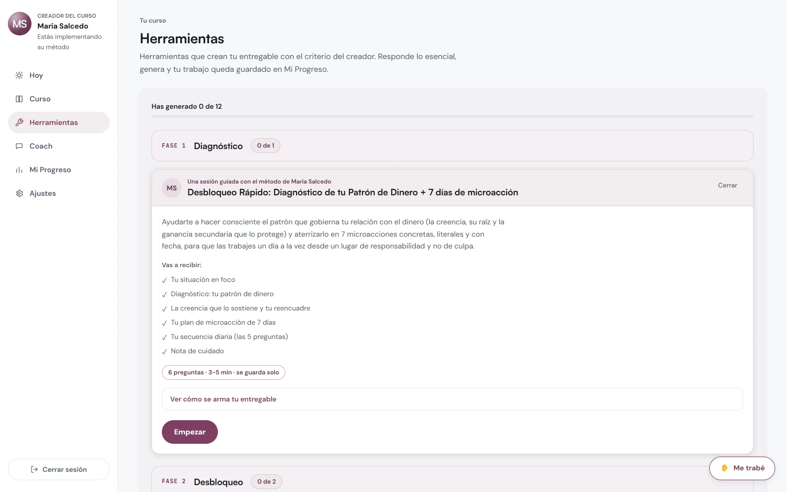 Herramienta del Método en CursoVivo mostrando la misión y el entregable que producirá